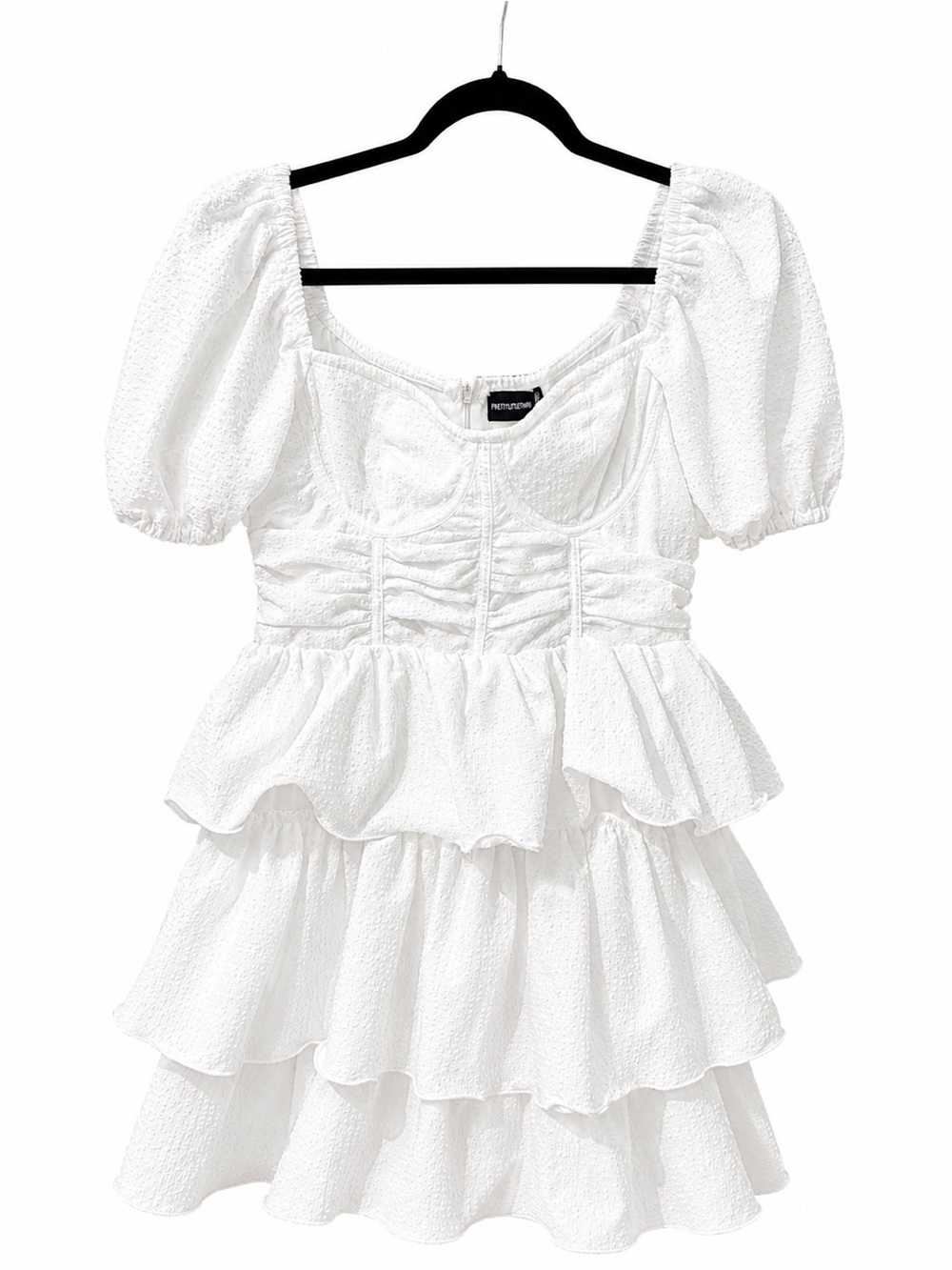 PrettyLittleThing White Ruched Corset Mini Dress with Puff Sleeves